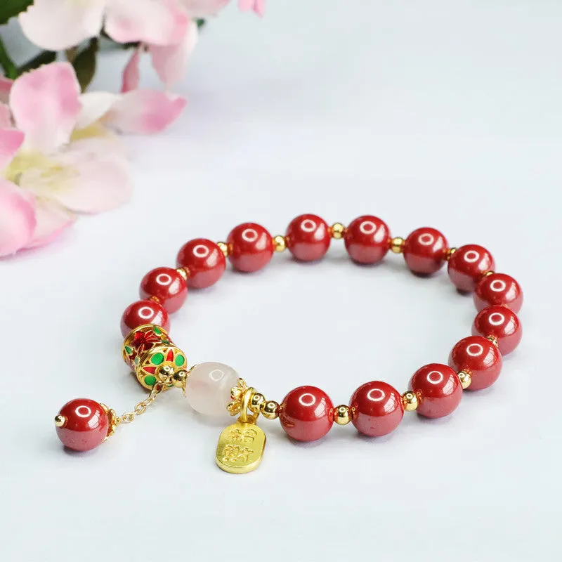 Fortune's Favor Cinnabar Bracelet with Sterling Silver Drum Design