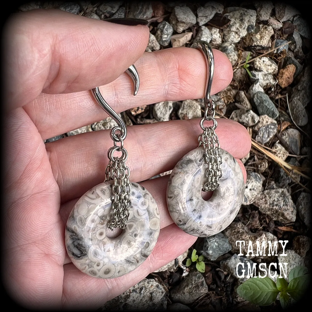 Fossilised coral jasper gauged earrings-Fossil ear gauges