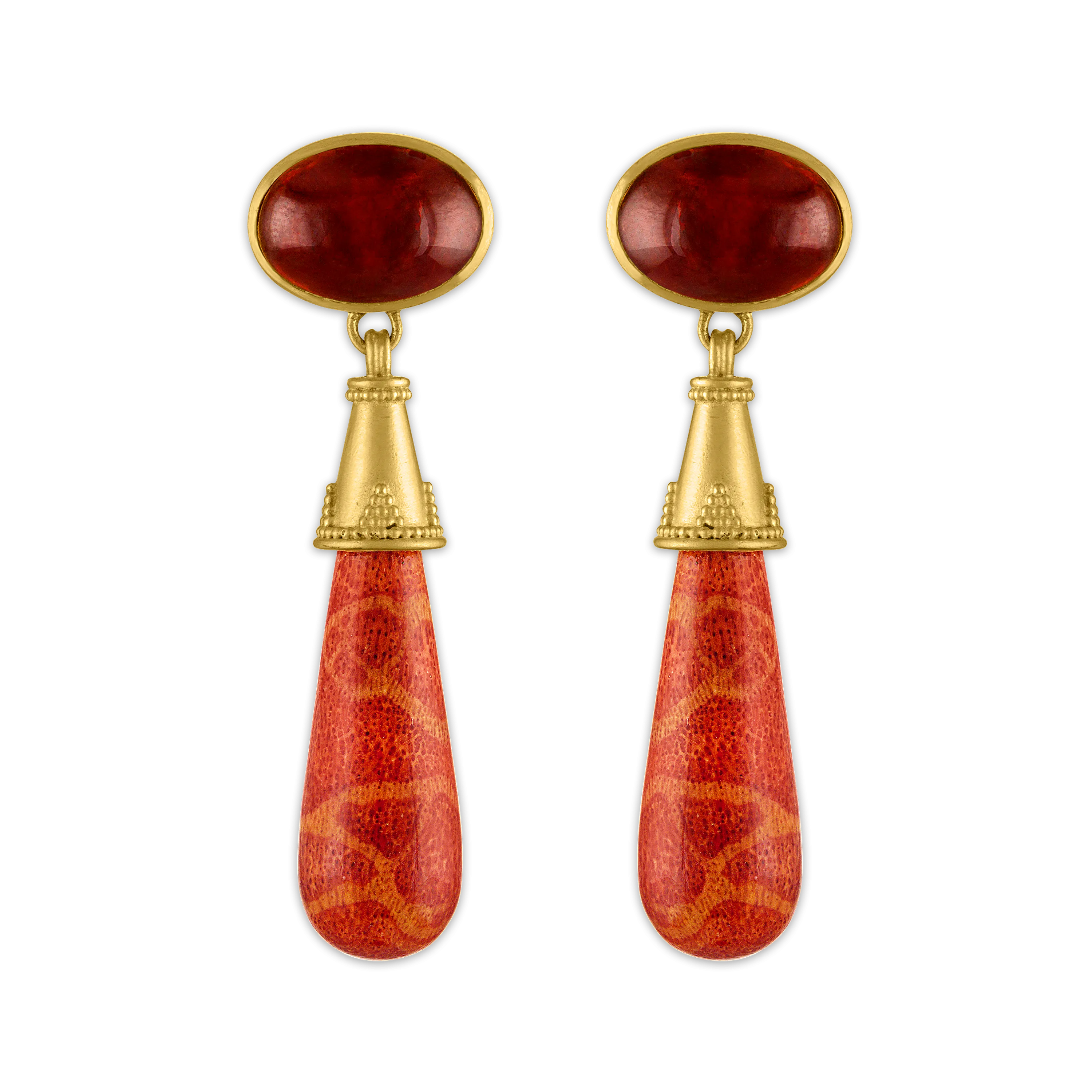 Garnet and Coral Granulated Amphora Earrings