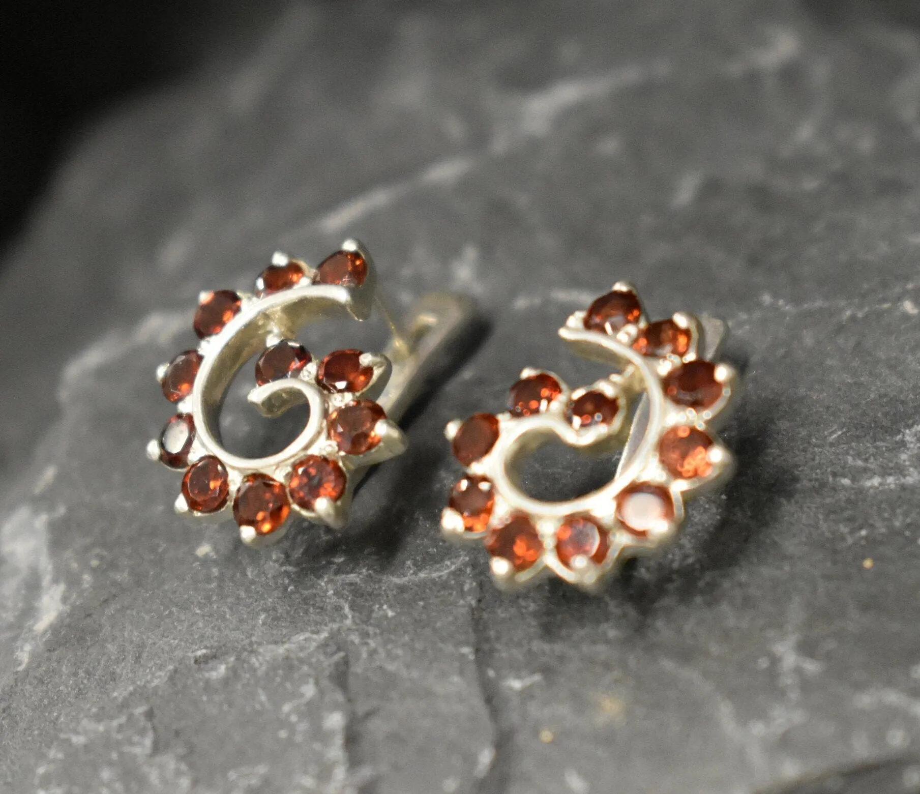 Garnet Earrings - Spiral Garnet Earrings - Swirl Silver Earrings