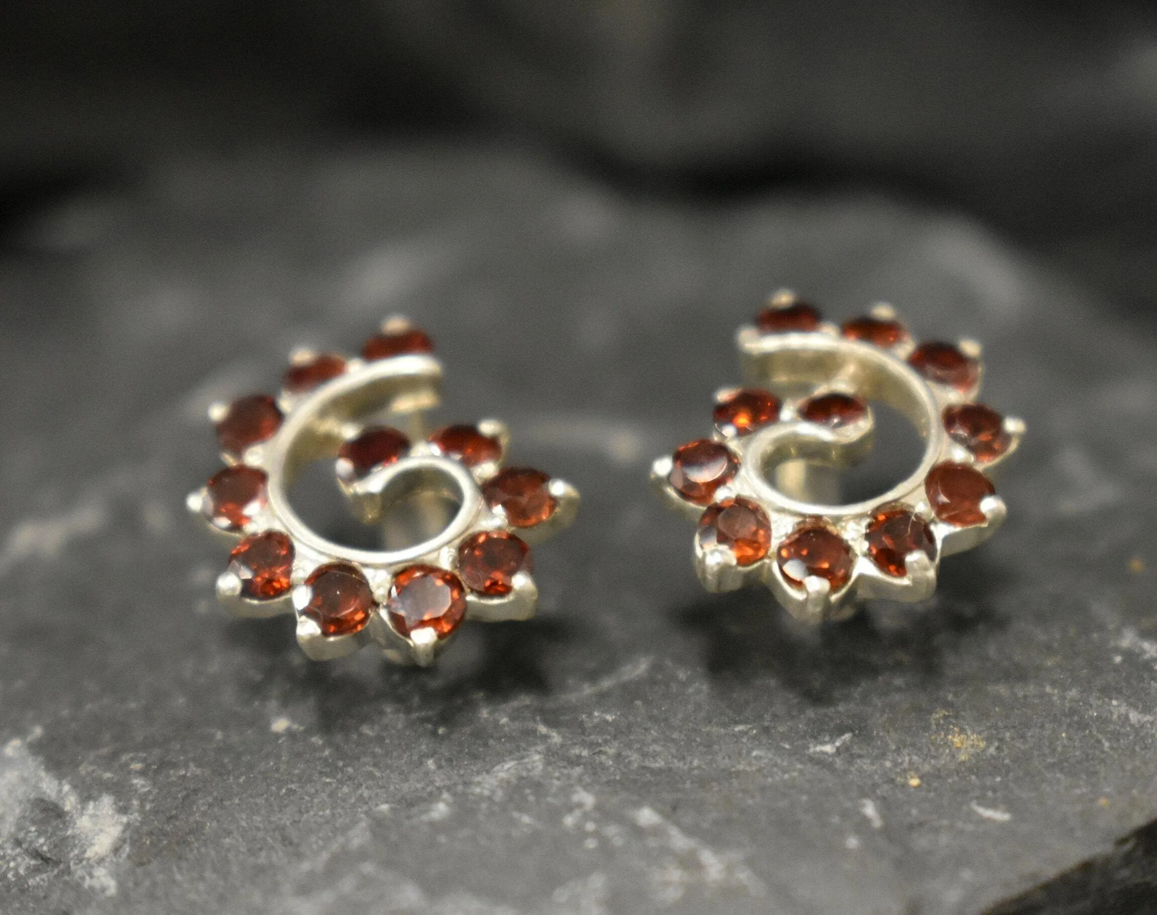 Garnet Earrings - Spiral Garnet Earrings - Swirl Silver Earrings