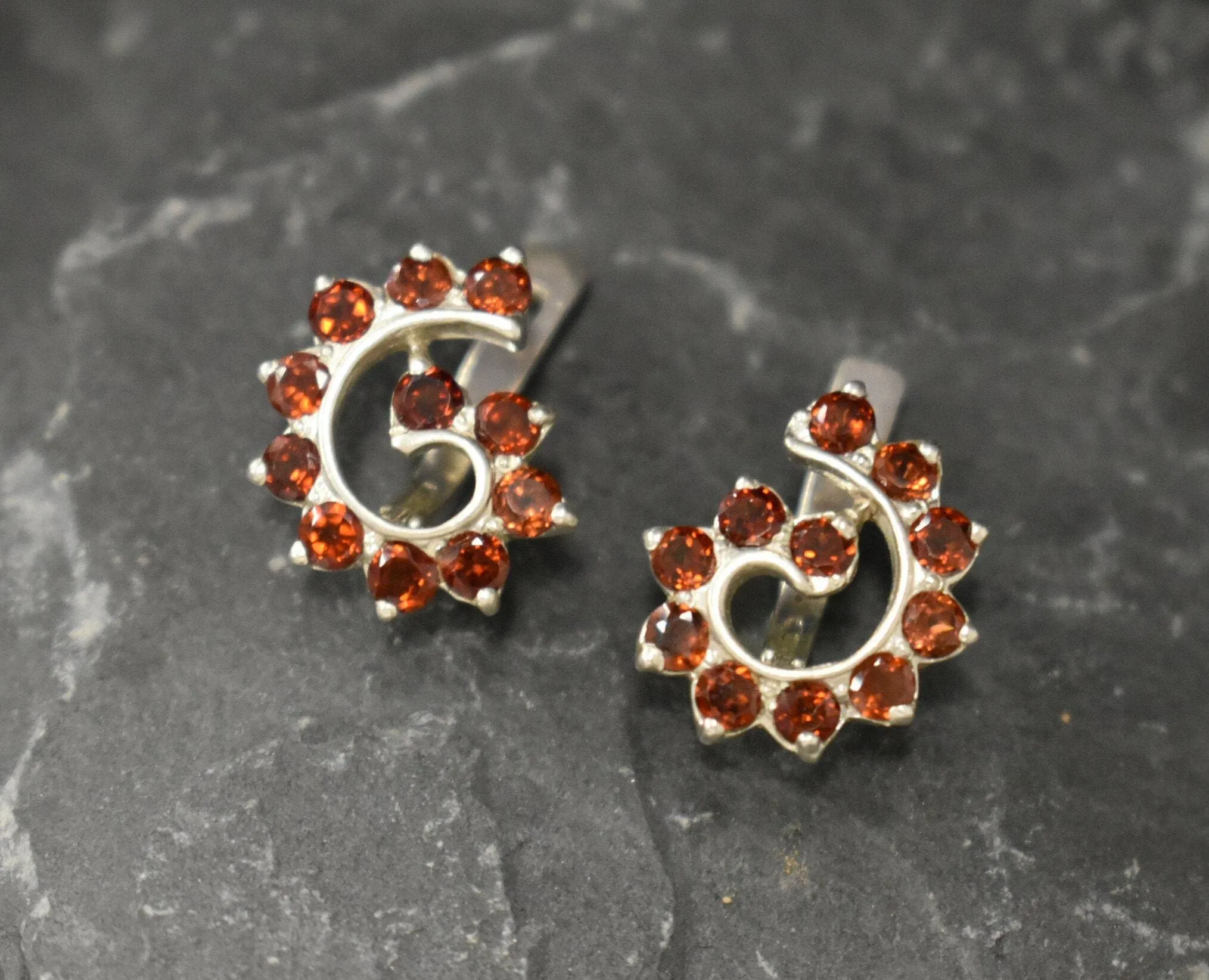 Garnet Earrings - Spiral Garnet Earrings - Swirl Silver Earrings