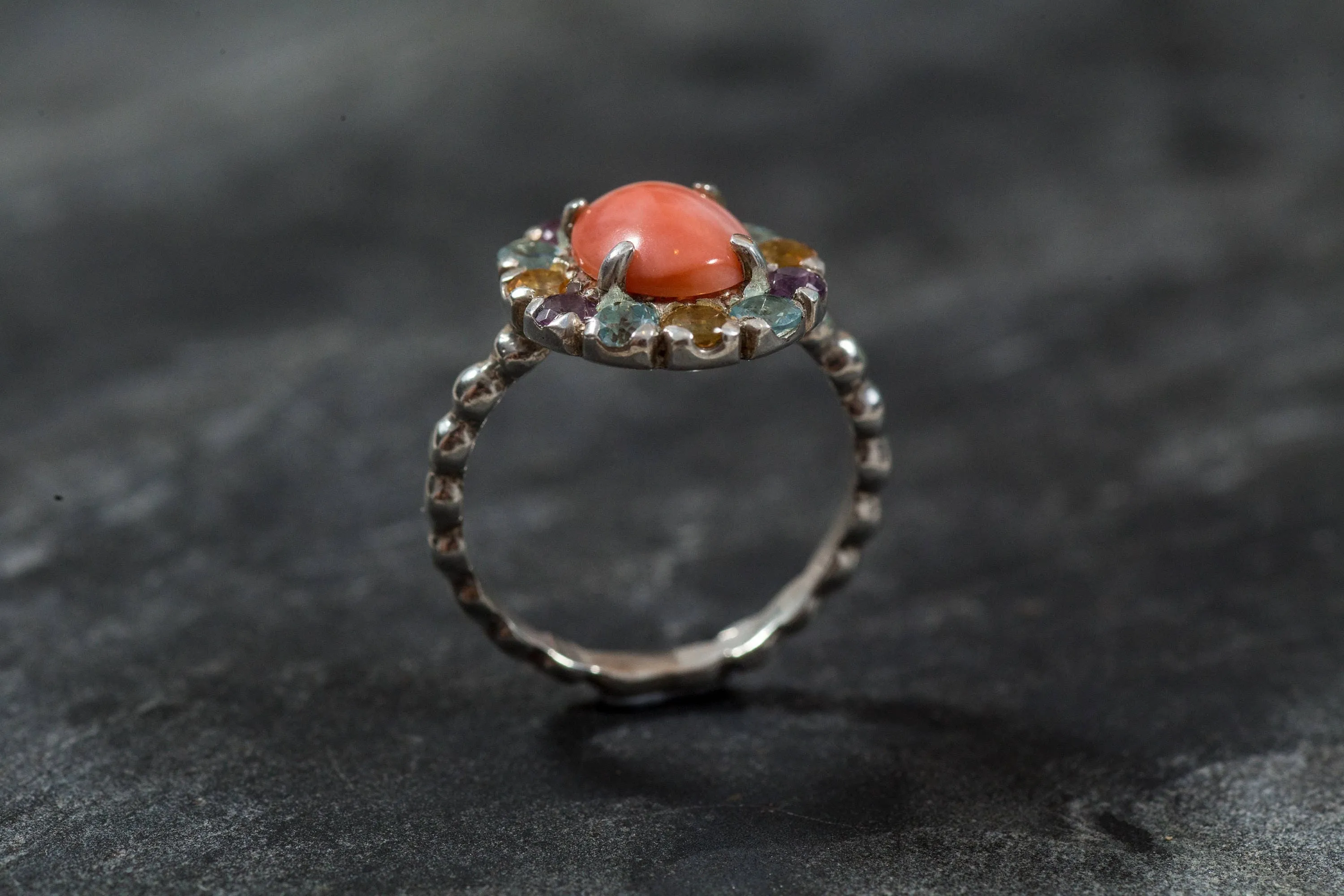 Genuine Coral Ring - Pink Cocktail Ring - Colorful Flower Ring