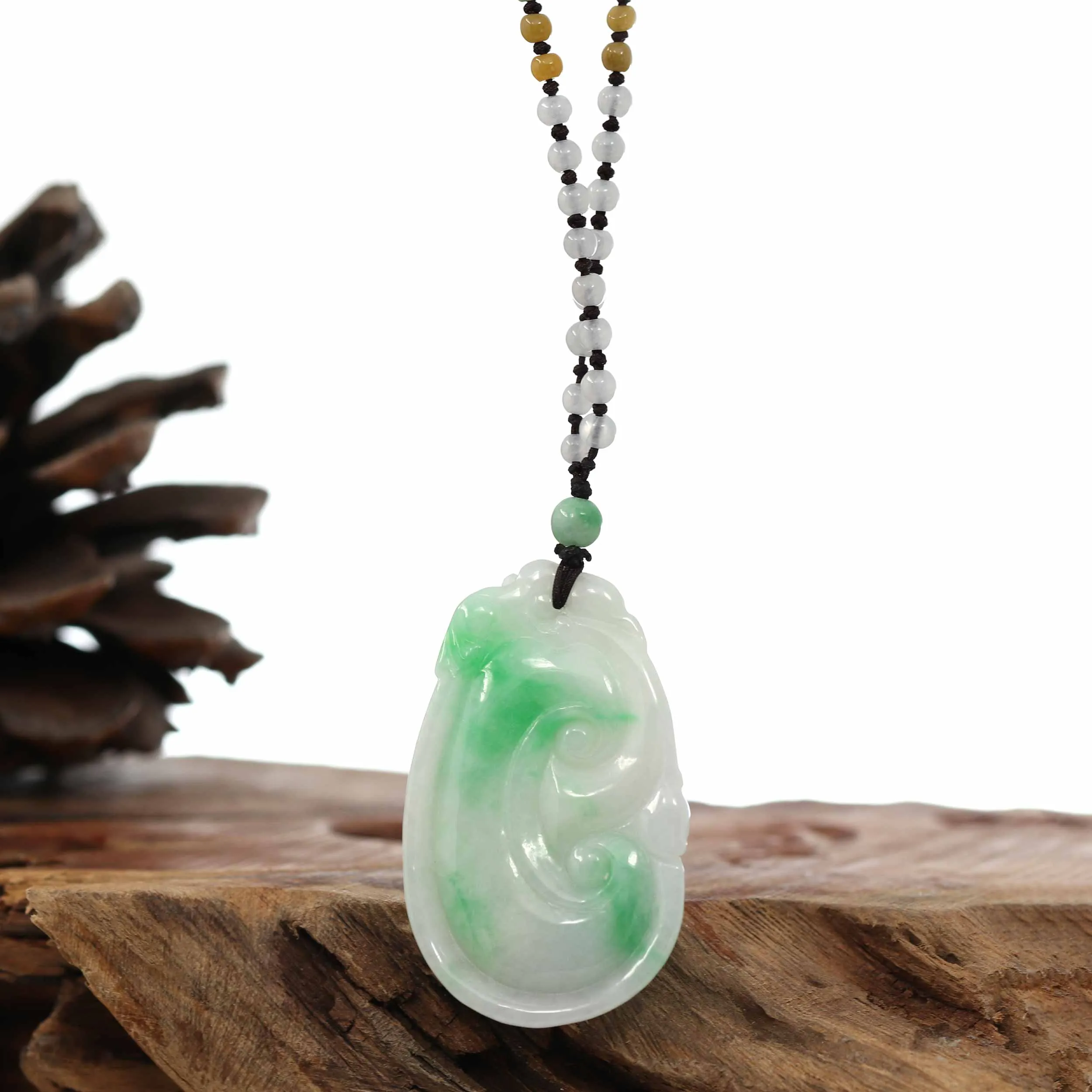 Genuine Green Jadeite Jade RuYi Pendant Necklace With Real Ice Jadeite jade Beads Necklace