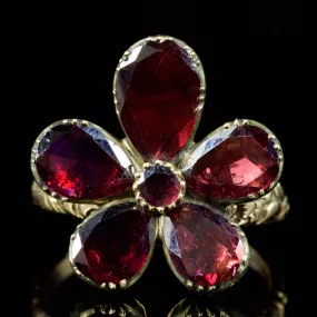 Georgian Flat Cut Garnet Flower Ring 18Ct Gold