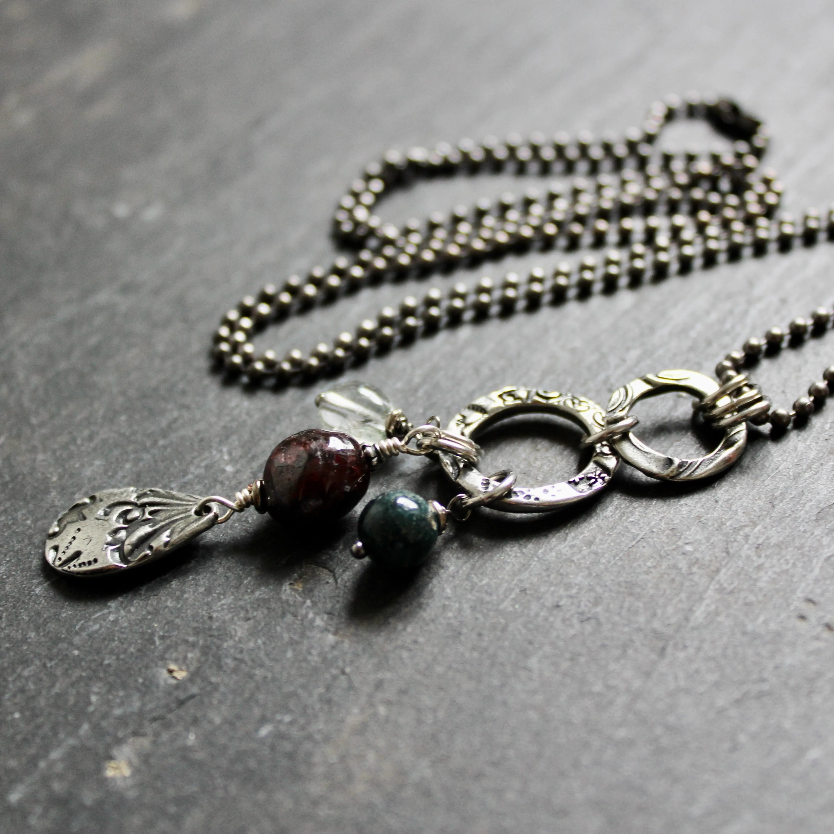 Glasgow Rose Cantrip Necklace with Agate and Garnet.