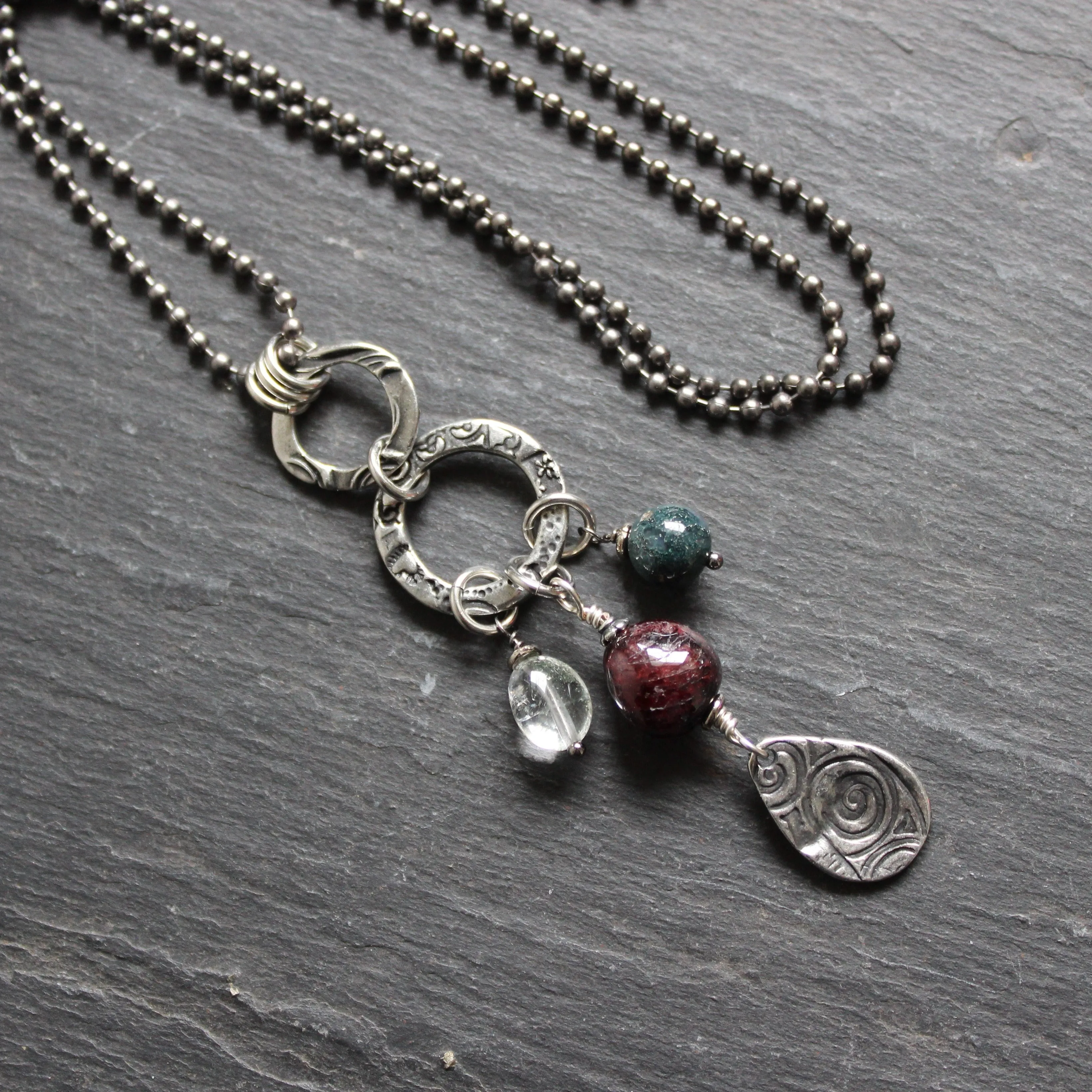 Glasgow Rose Cantrip Necklace with Agate and Garnet.