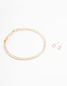 Gold Cubic Zirconia Baguette Tennis Bracelet & Earring Set