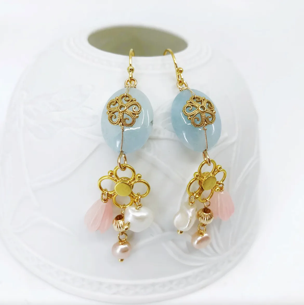 Gold Filigree Floral Aquamarine Earrings