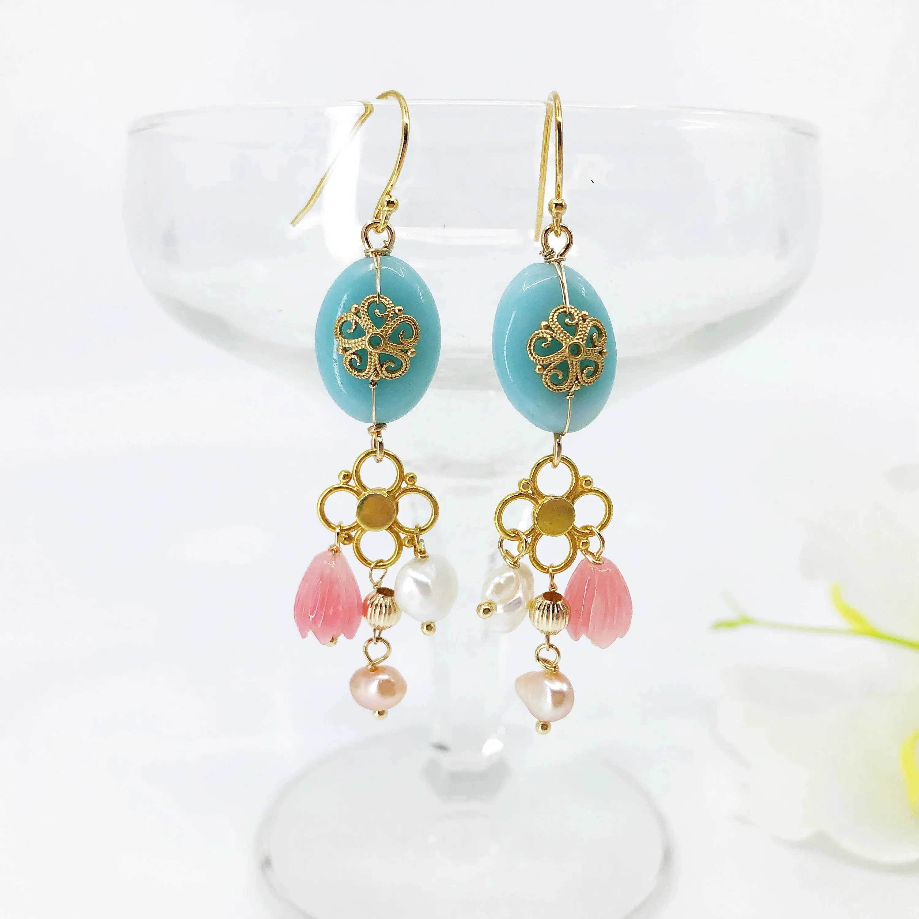 Gold Filigree Flower Amazonite Earrings