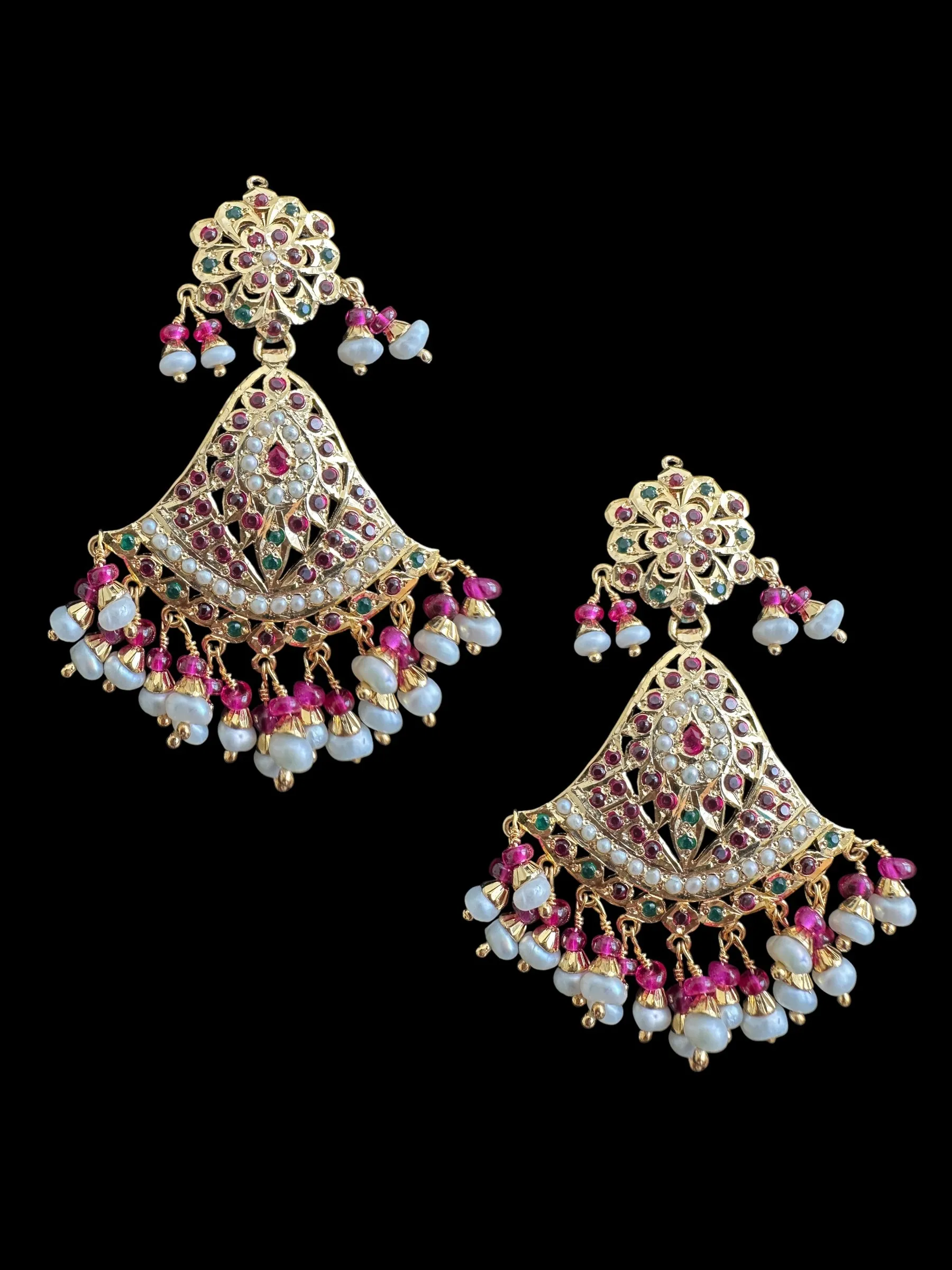 Gold plated silver earrings in ruby and emerlad  with pearls ( READY TO SHIP)