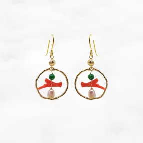 Gold Red Coral Chandelier Earrings