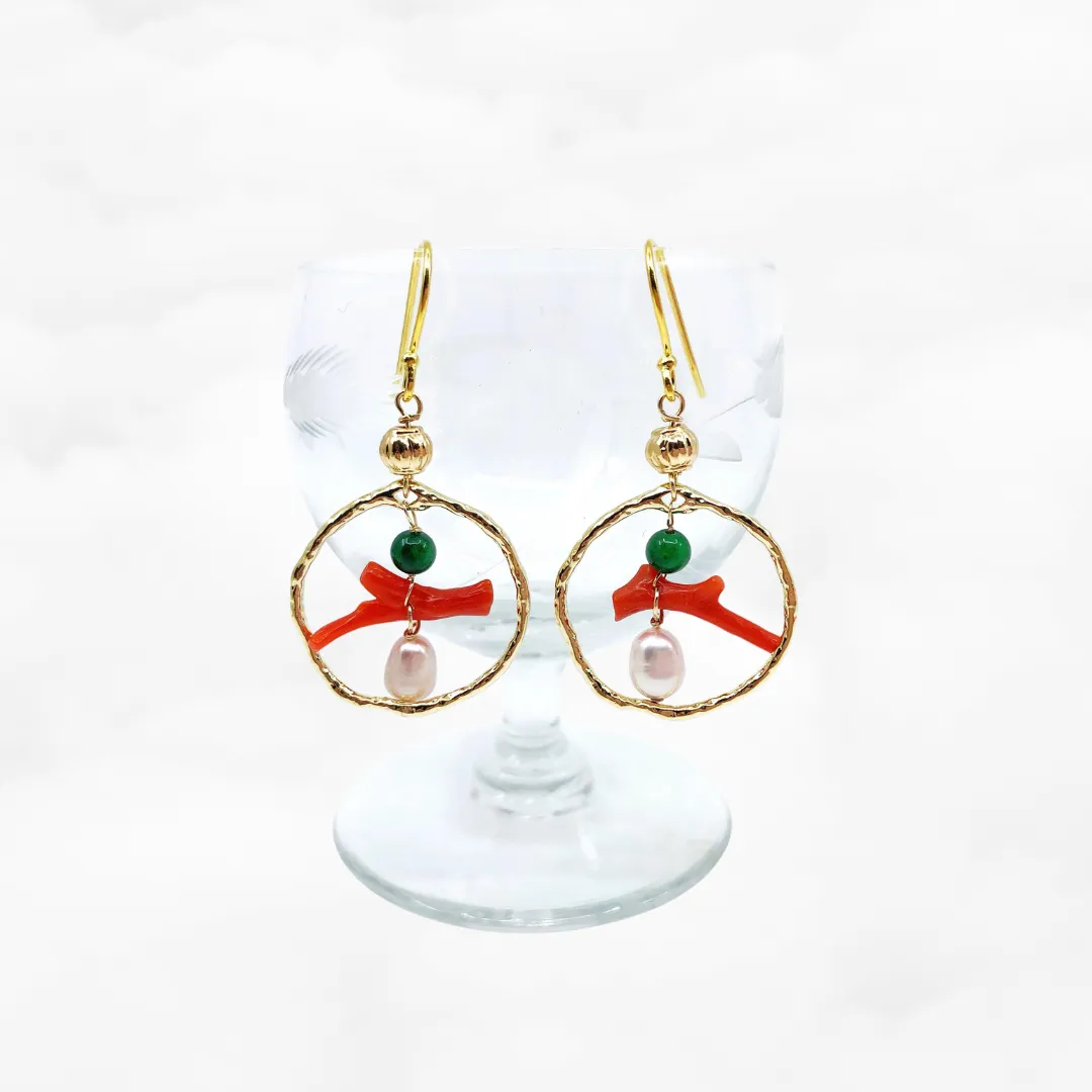 Gold Red Coral Chandelier Earrings