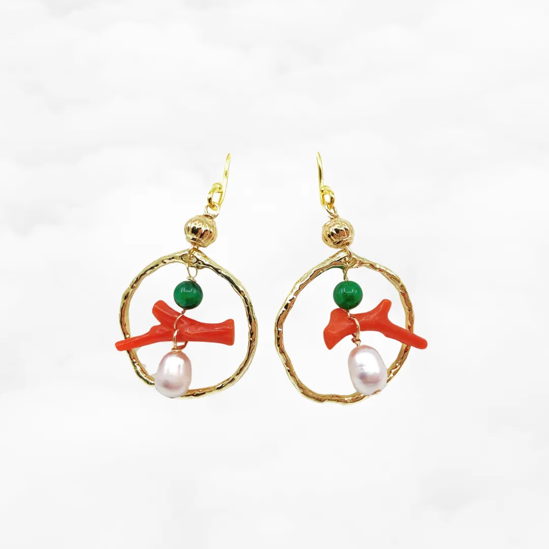 Gold Red Coral Chandelier Earrings