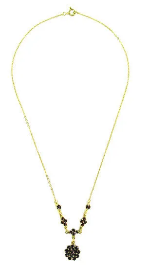 Gorgeous Victorian Bohemian Garnet Floral Drop Necklace in Sterling Silver with Yellow Gold Vermeil