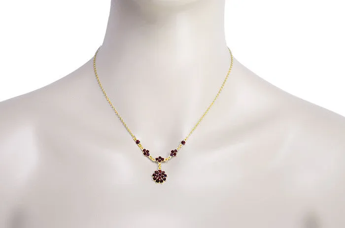 Gorgeous Victorian Bohemian Garnet Floral Drop Necklace in Sterling Silver with Yellow Gold Vermeil