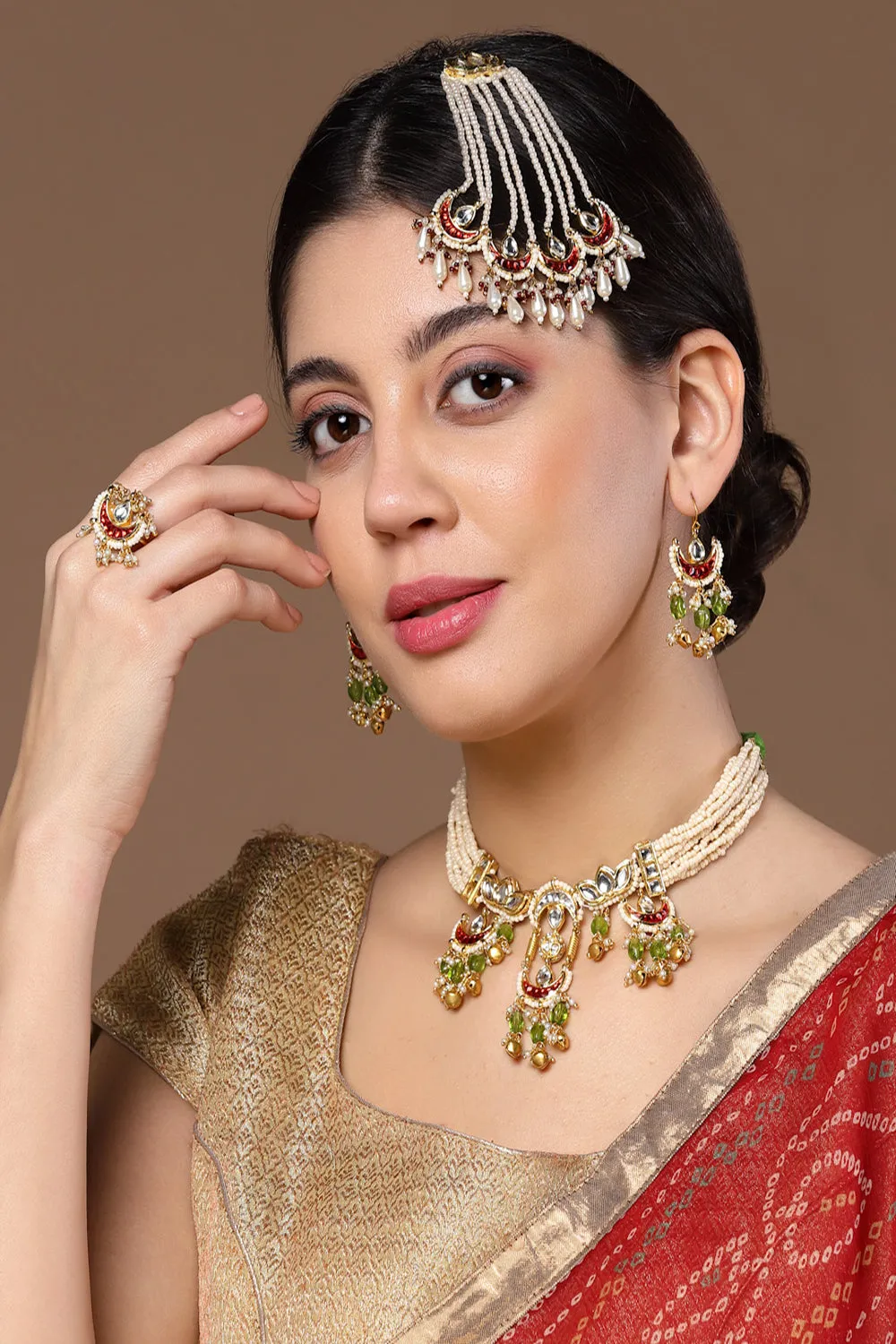 Green & Red Haar Necklace with Kundan &  American Diamonds