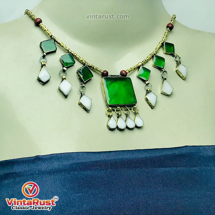 Green and White Stone Necklace