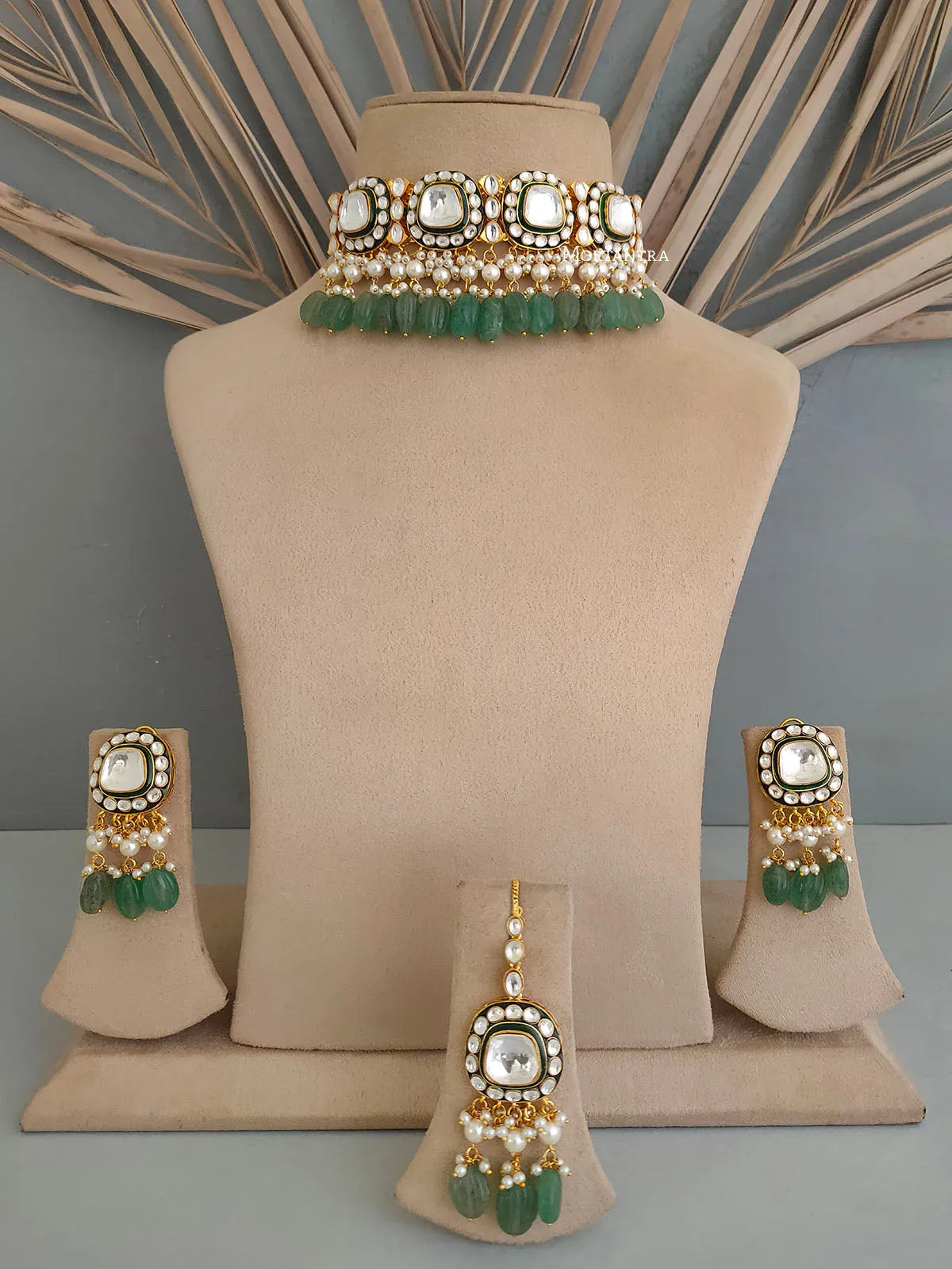 Green Color Gold Plated Faux Polki Bridal Necklace Set - PK-S30WGR