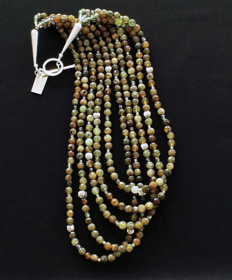 Green Garnet Faceted Rounds 5-Strand Necklace with Czech Fire Polished Glass, Sterling Silver Box Beads, and Sterling Silver Cones & Toggle Clasp