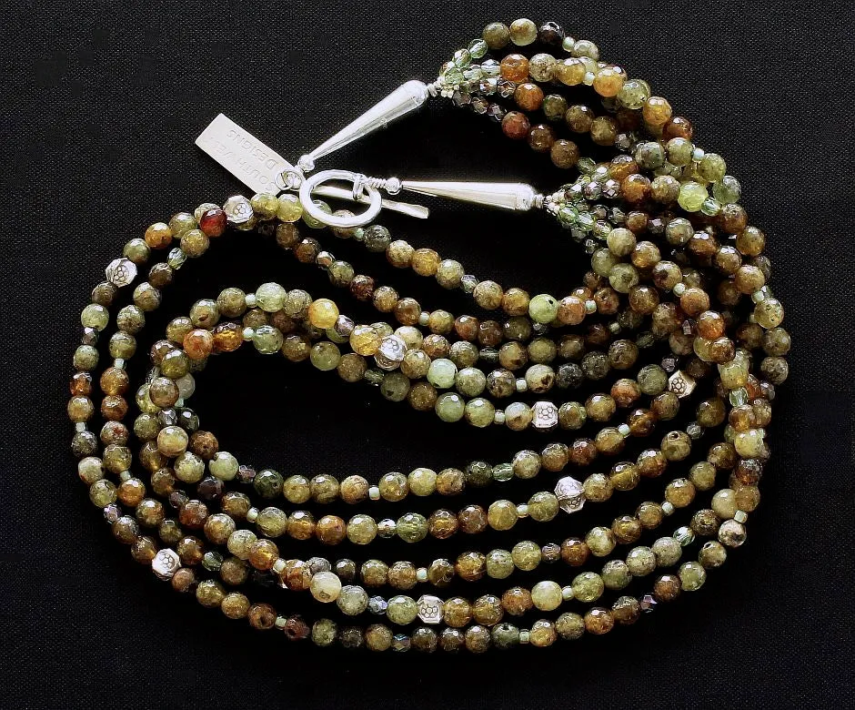 Green Garnet Faceted Rounds 5-Strand Necklace with Czech Fire Polished Glass, Sterling Silver Box Beads, and Sterling Silver Cones & Toggle Clasp