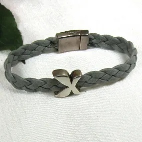 Grey Braided Leather Bracelet with Butterfly