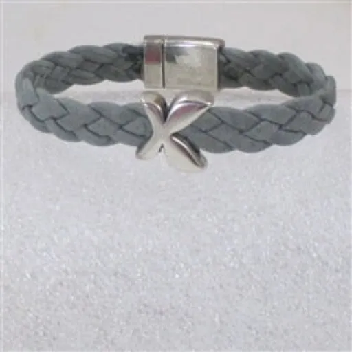 Grey Braided Leather Bracelet with Butterfly