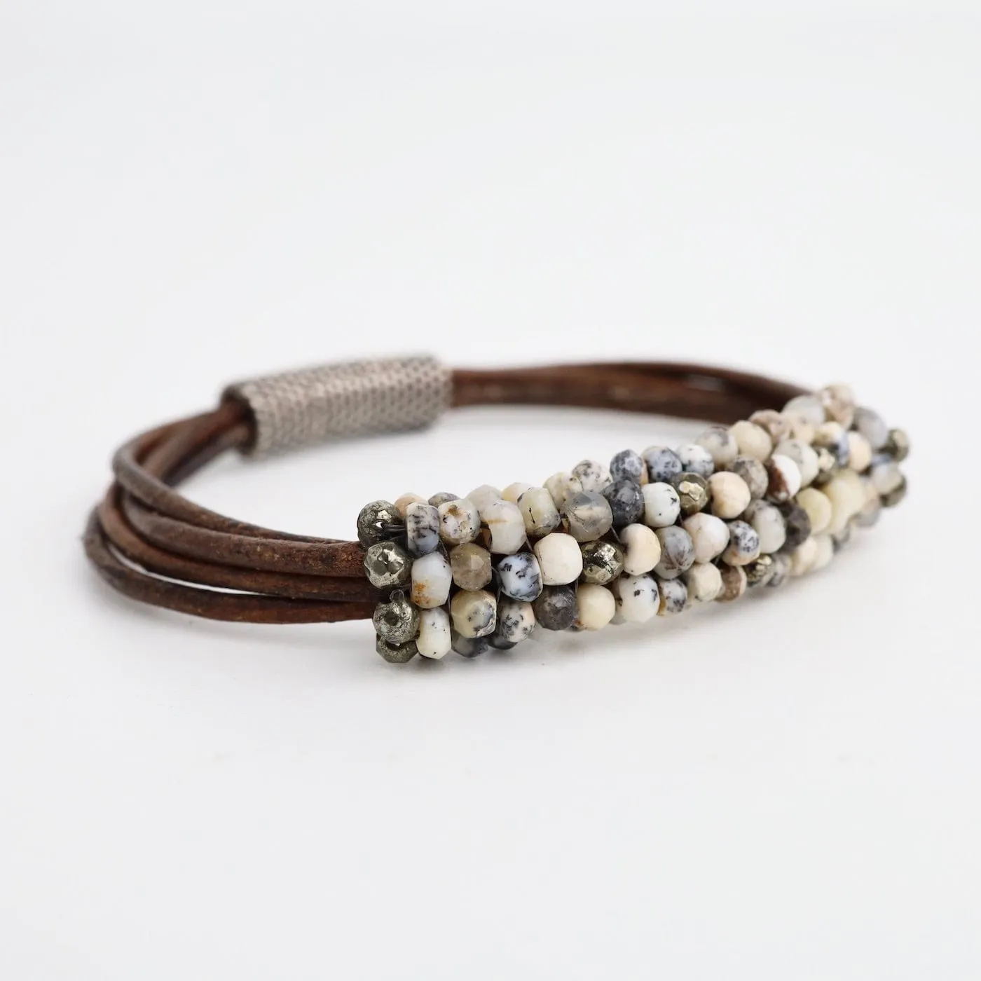 Hand Stitched Russian Opal & Pyrite and Multi Strand Grey Leather Bracelet