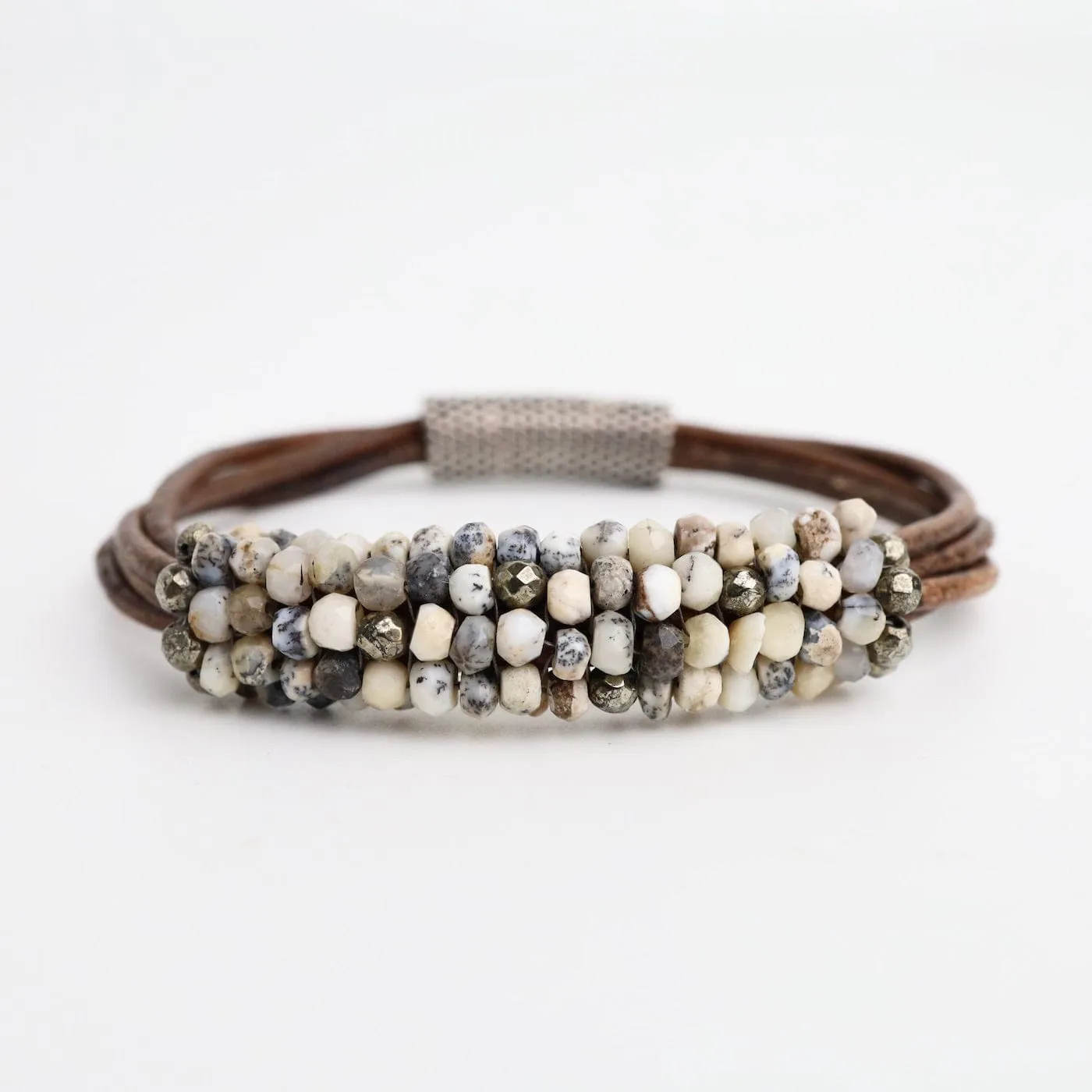 Hand Stitched Russian Opal & Pyrite and Multi Strand Grey Leather Bracelet