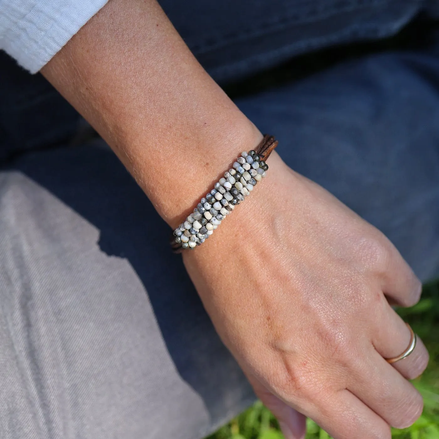 Hand Stitched Russian Opal & Pyrite and Multi Strand Grey Leather Bracelet