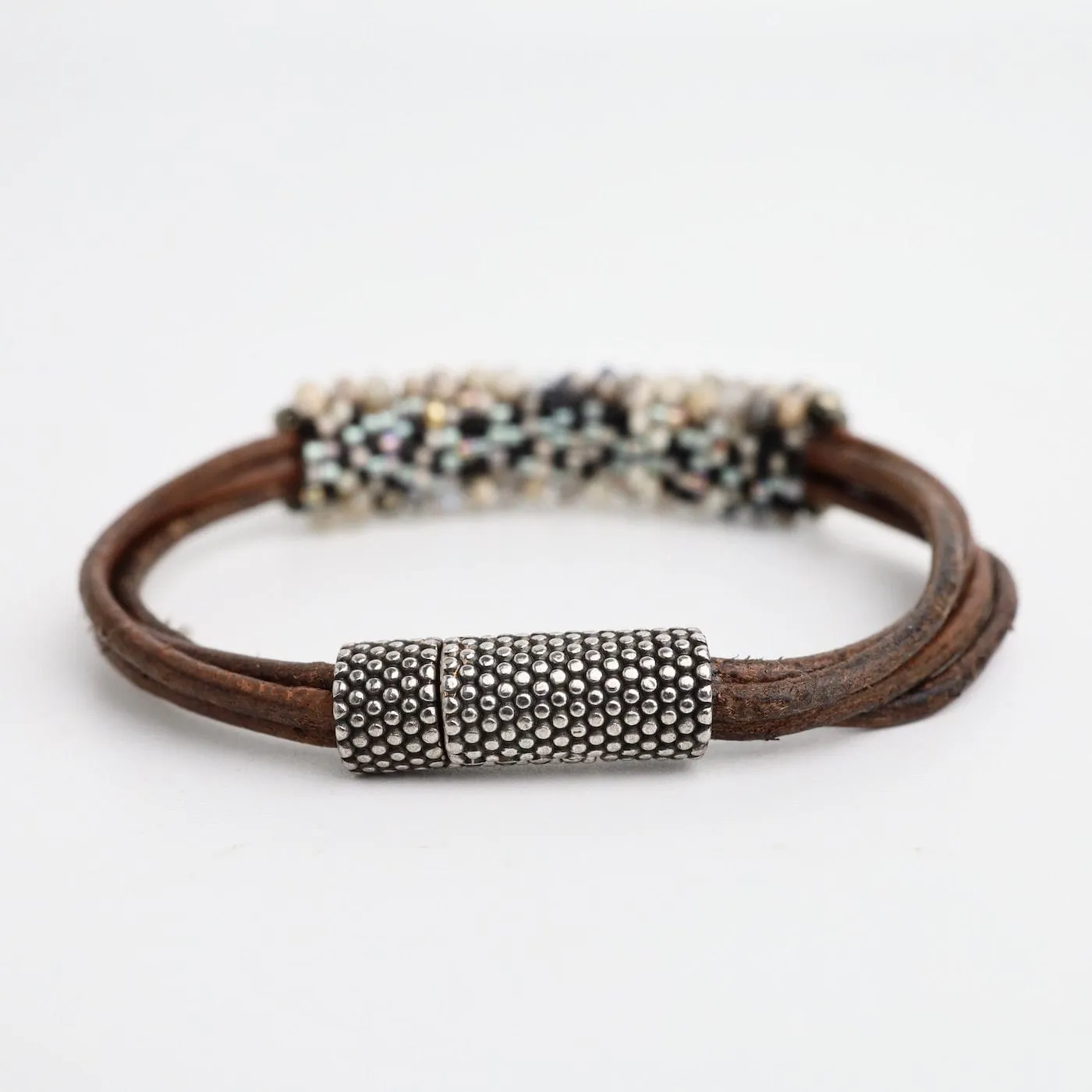 Hand Stitched Russian Opal & Pyrite and Multi Strand Grey Leather Bracelet