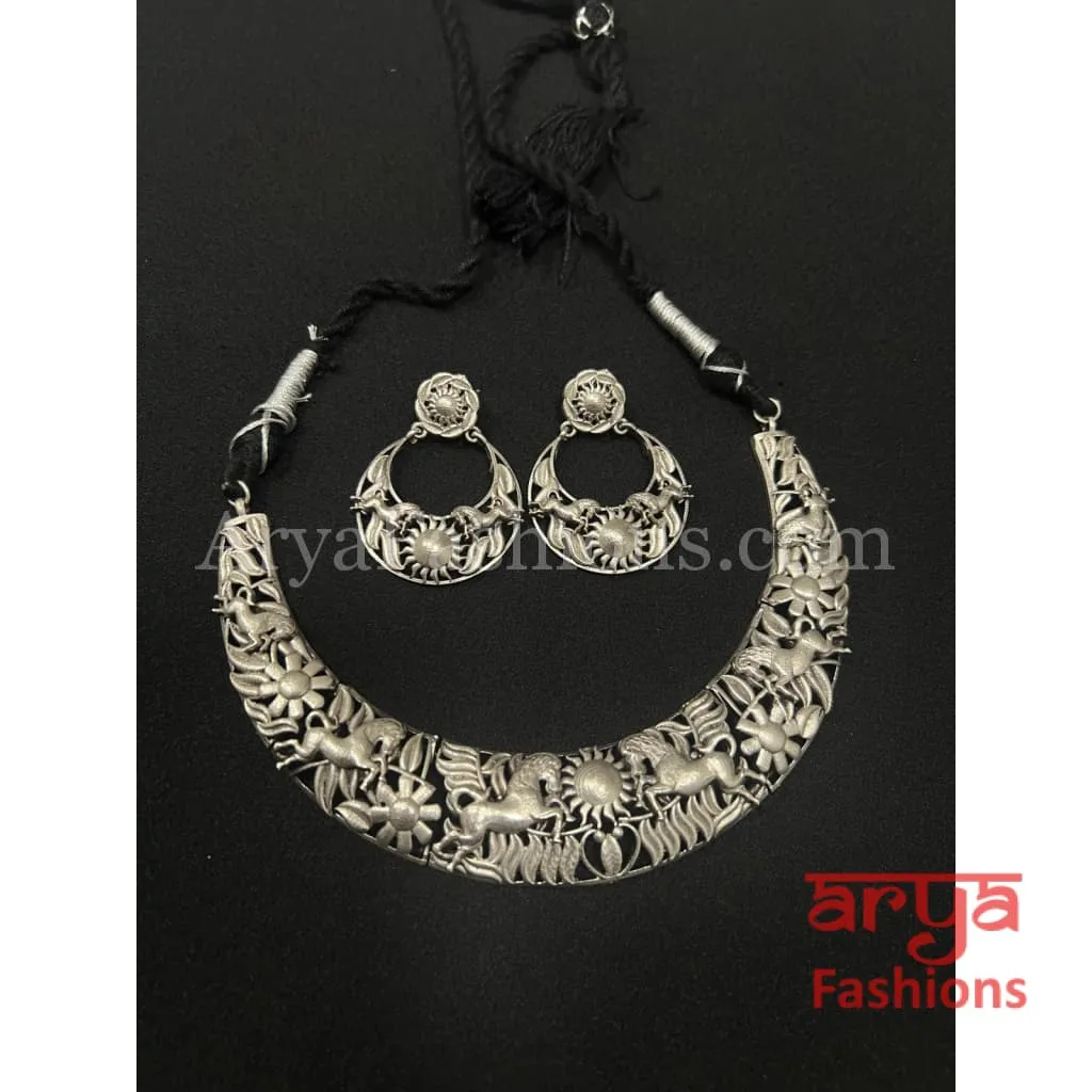 Handcarved Silver Designer Oxidized Silver Hasli Necklace