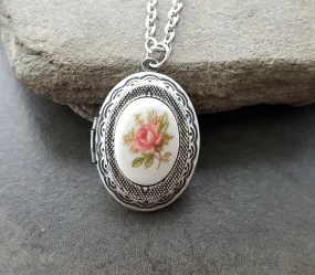 Handmade Pink Rose Limoges Cameo Locket Necklace