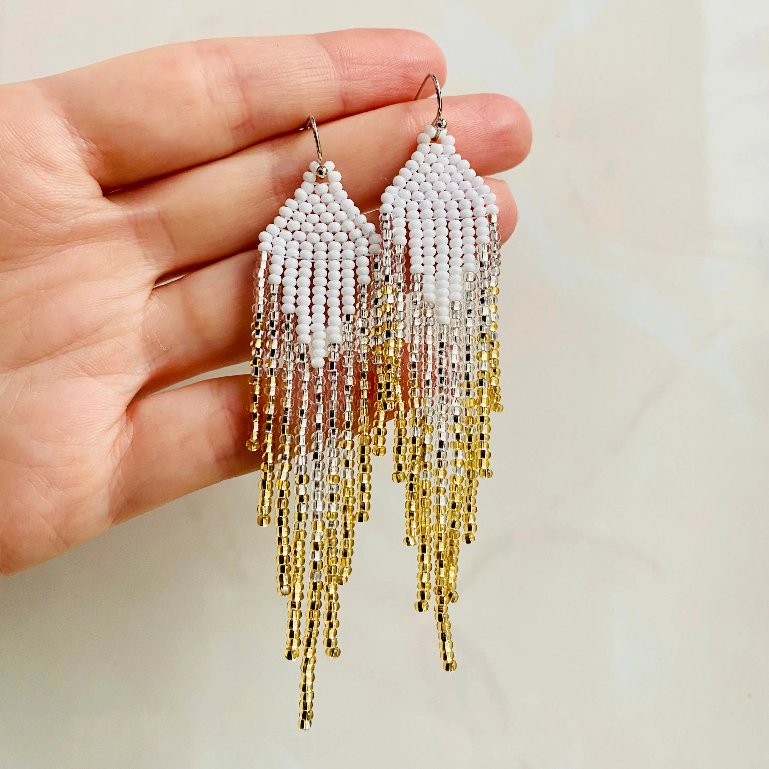 Handmade Statement Shiny and Sparkly White Silver Gold Seed Beaded Fringe Chandelier Earrings