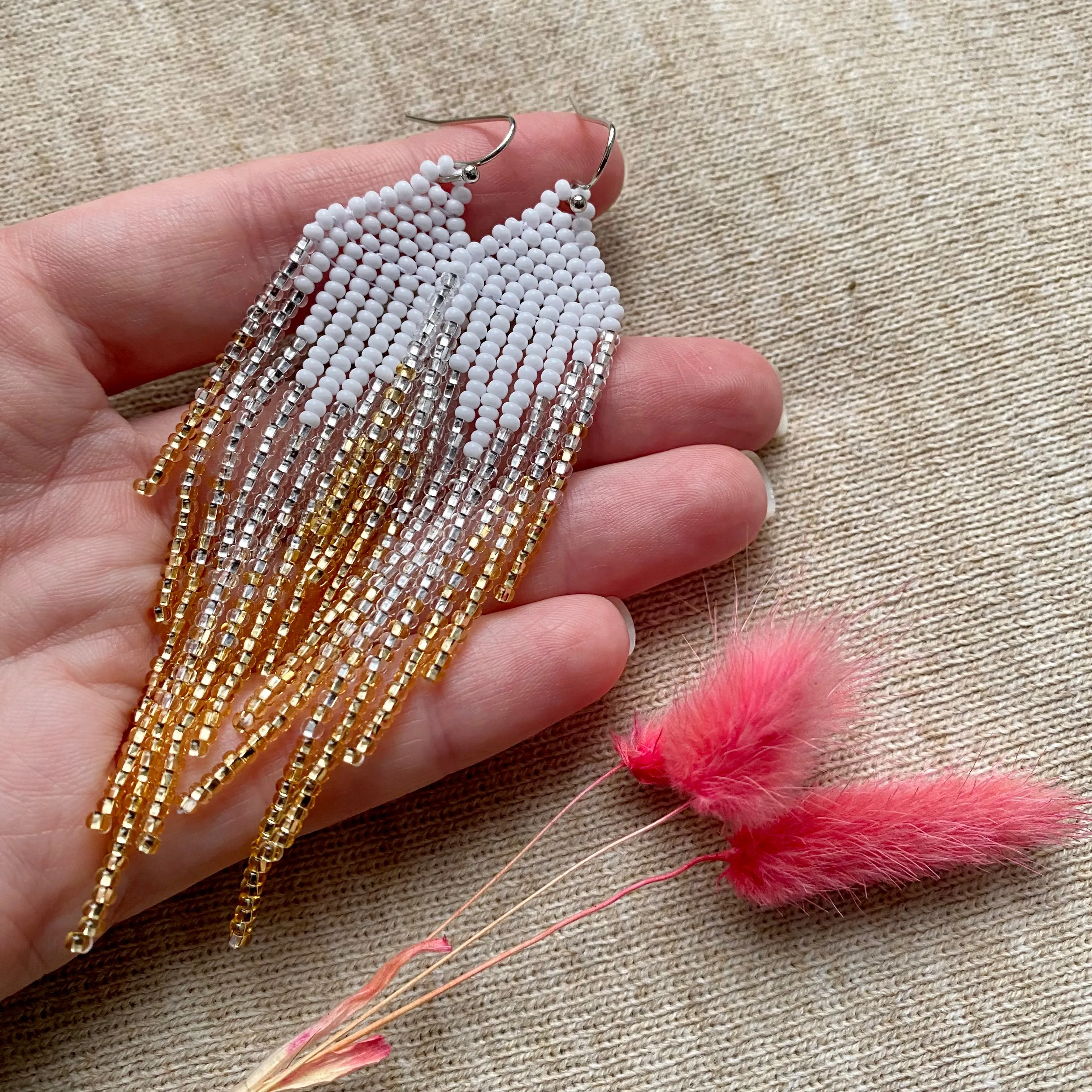 Handmade Statement Shiny and Sparkly White Silver Gold Seed Beaded Fringe Chandelier Earrings