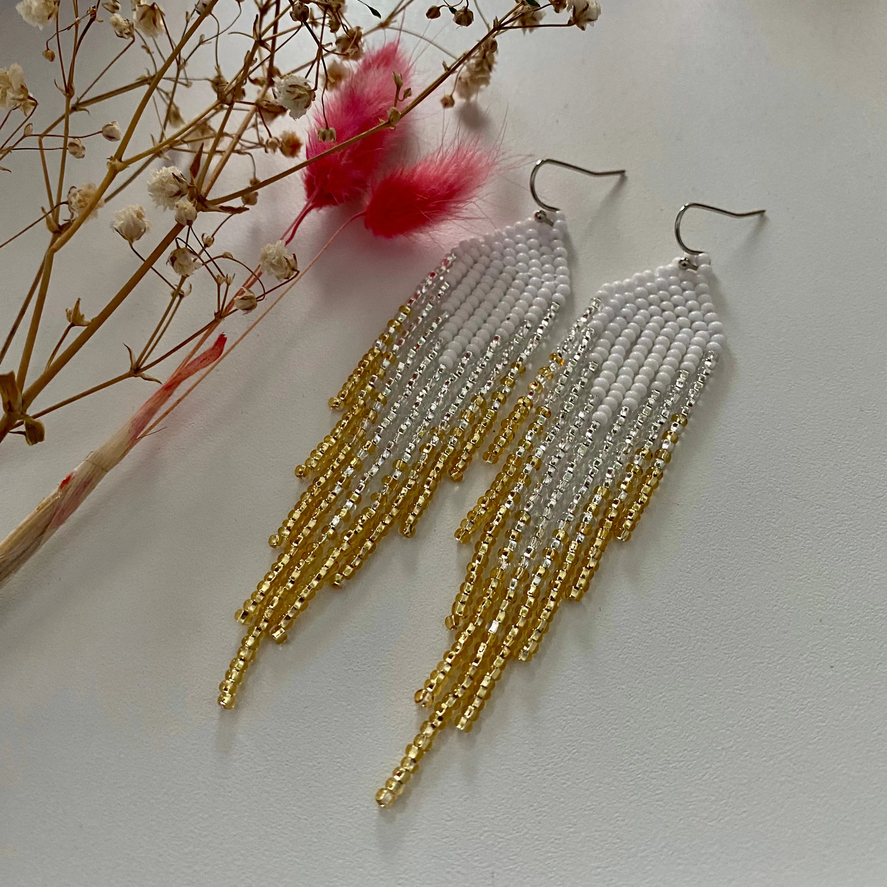 Handmade Statement Shiny and Sparkly White Silver Gold Seed Beaded Fringe Chandelier Earrings