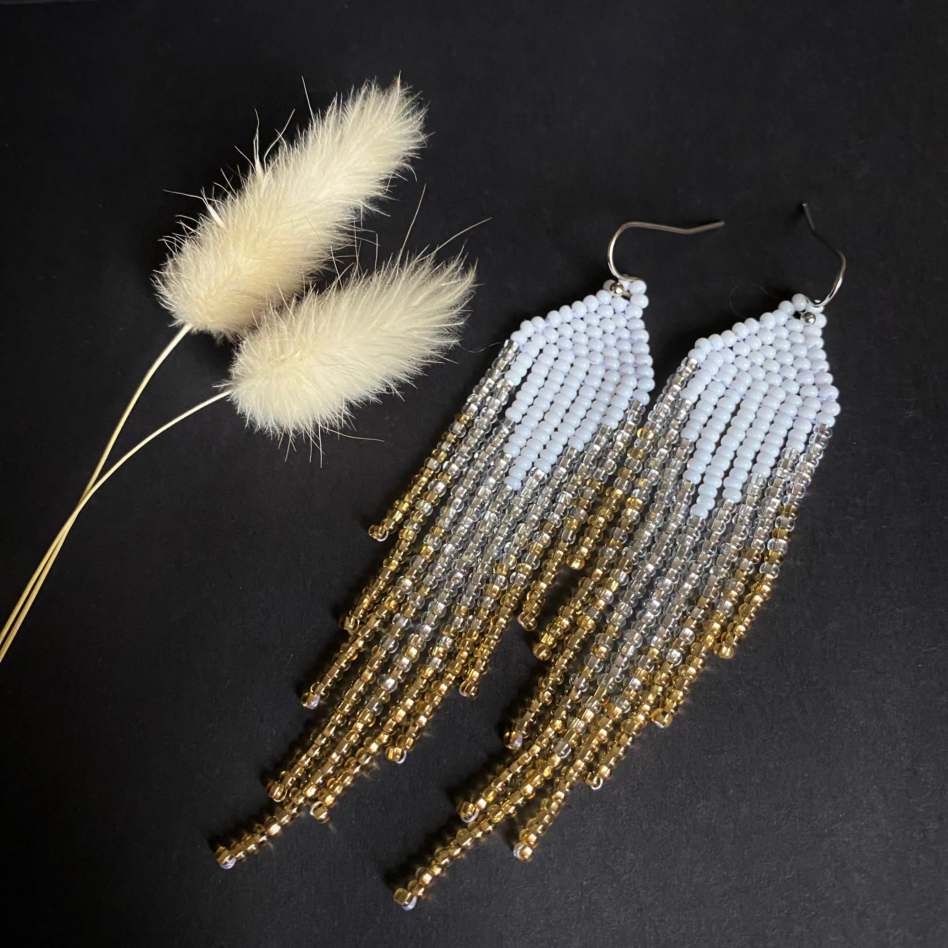 Handmade Statement Shiny and Sparkly White Silver Gold Seed Beaded Fringe Chandelier Earrings