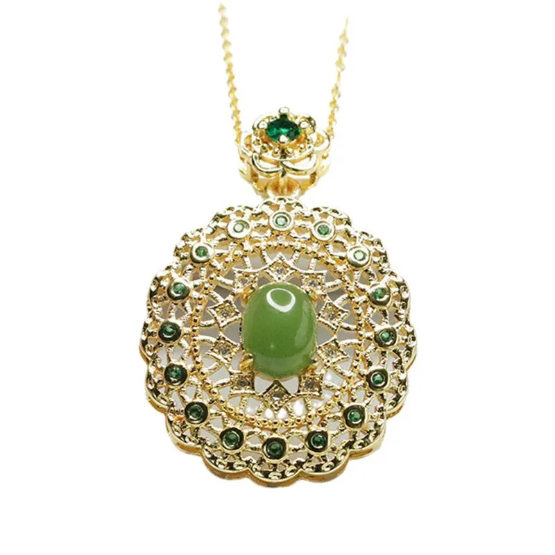 Hollow Lace Zircon Necklace with Hetian Jade Oval Jasper Pendant