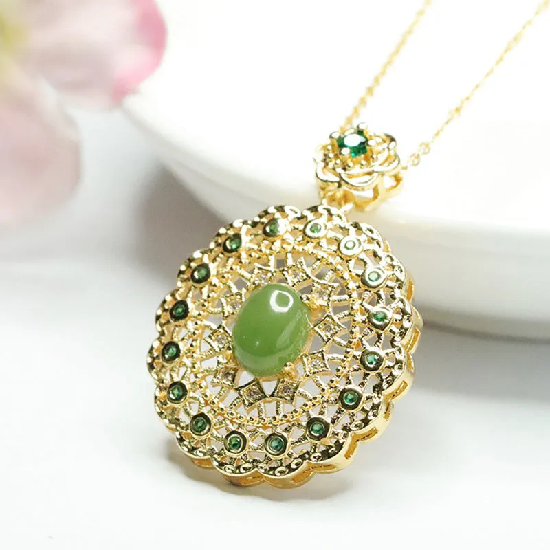 Hollow Lace Zircon Necklace with Hetian Jade Oval Jasper Pendant