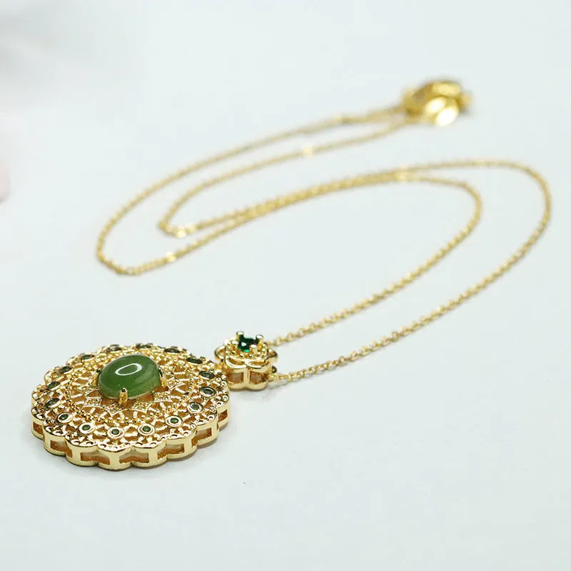 Hollow Lace Zircon Necklace with Hetian Jade Oval Jasper Pendant