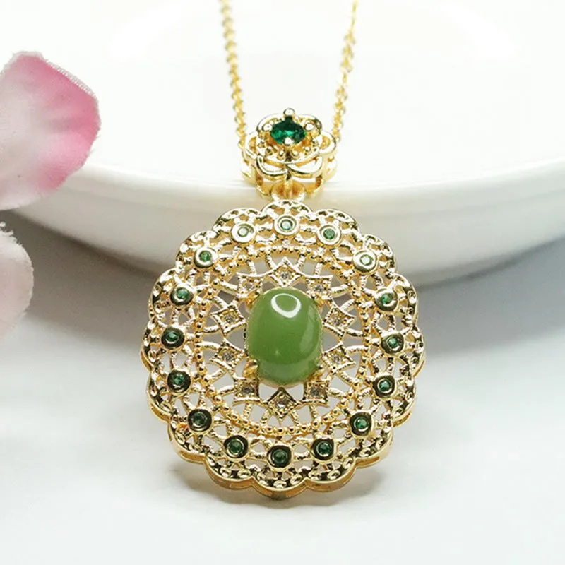 Hollow Lace Zircon Necklace with Hetian Jade Oval Jasper Pendant