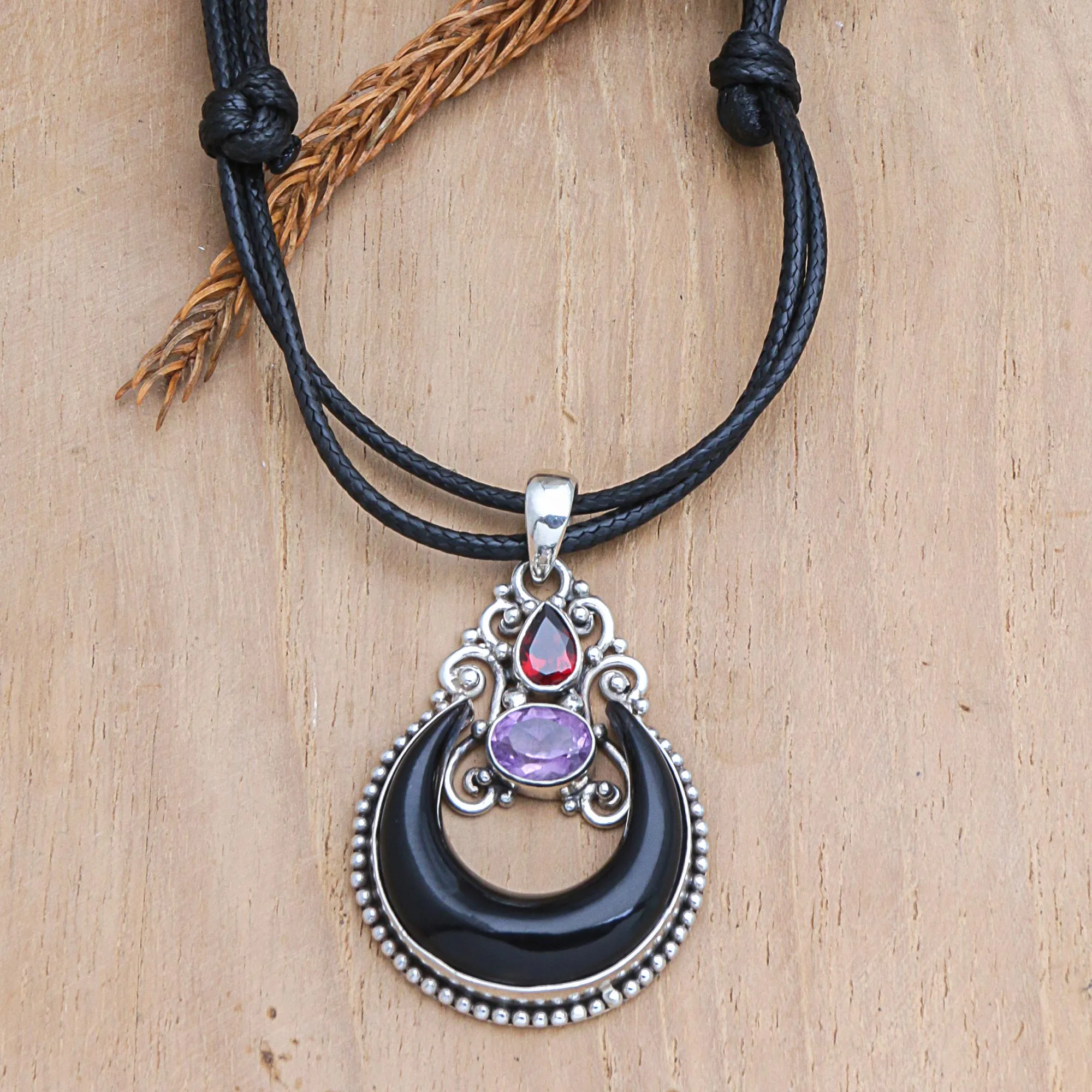 Horn Amethyst Garnet and Sterling Silver Pendant Necklace - Halloween Moon Knight | NOVICA