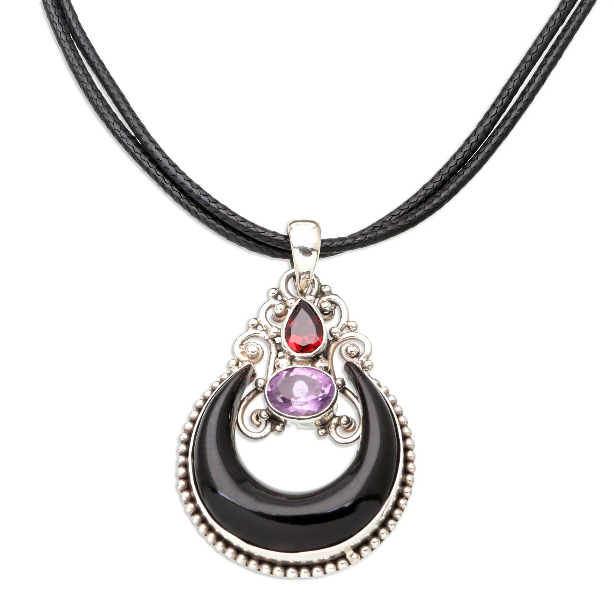 Horn Amethyst Garnet and Sterling Silver Pendant Necklace - Halloween Moon Knight | NOVICA