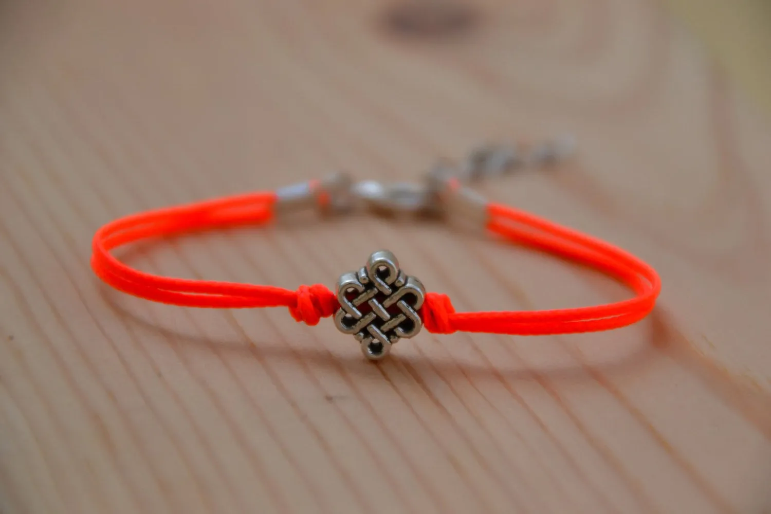 Infinity bead charm bracelet, neon peach string, adjustable, custom color, gift wrapped