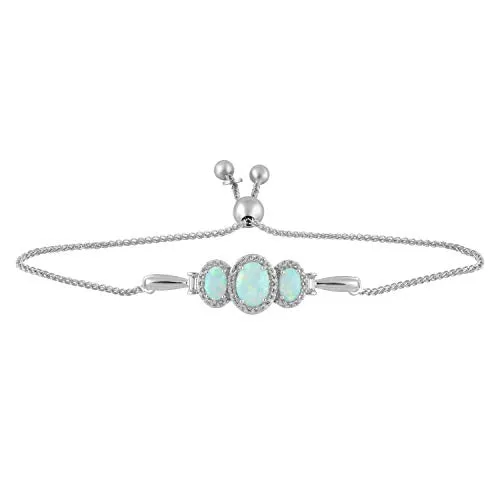 Jewelili Sterling Silver Oval Created Opal and Tapper Baguette and Round Created White Sapphire Bolo Bracelet, 9.5"