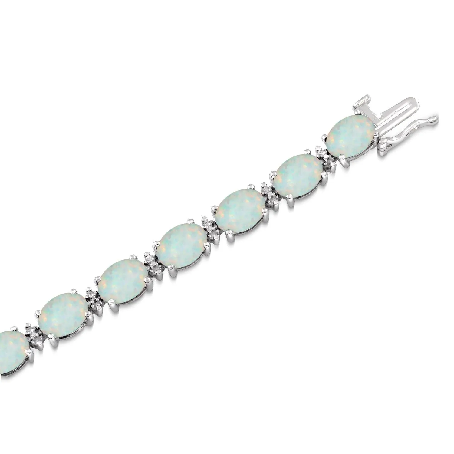 Jewelili Sterling Silver with 8 x 6 mm Oval Shape Created Opal and White Diamonds Bracelet