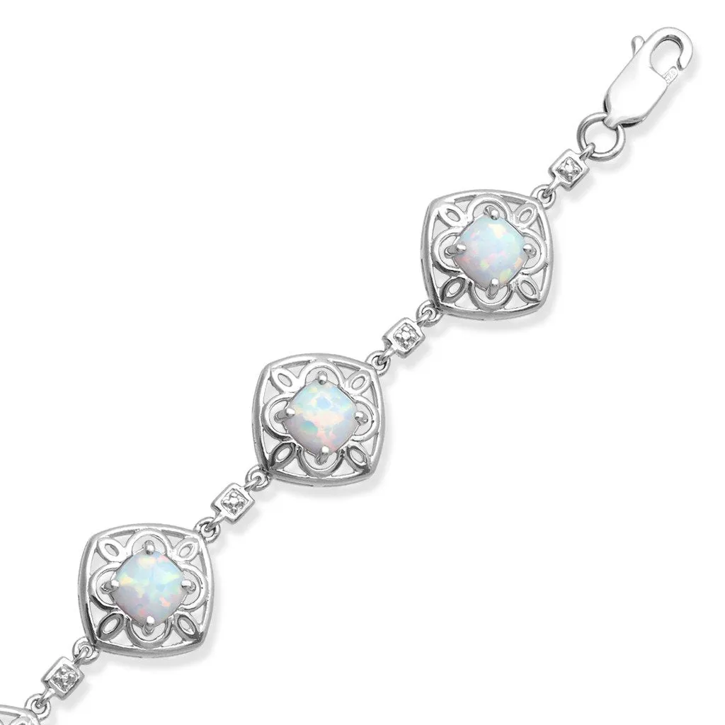 Jewelili Sterling Silver with Created Opal and Natural Diamonds Link Bracelet