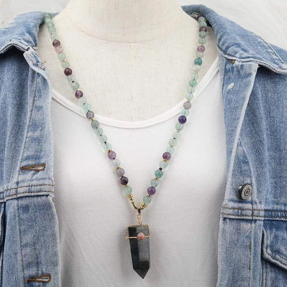 Labradorite Point Pendant & Fluorite Beads Necklace