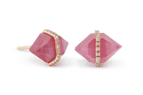 Large Herkimer Cut Ruby Micropave Bezel Stud Earrings