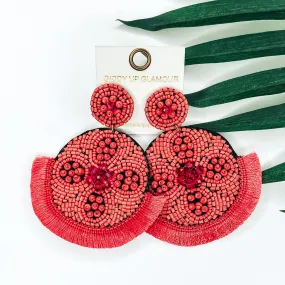 Large Seedbead and Crystal Beaded Statement Earrings with Fringe Trim in Coral